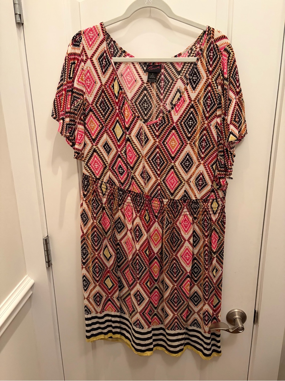 Torrid Geometric Print V-Neck Dress in Pink, Black & Cream